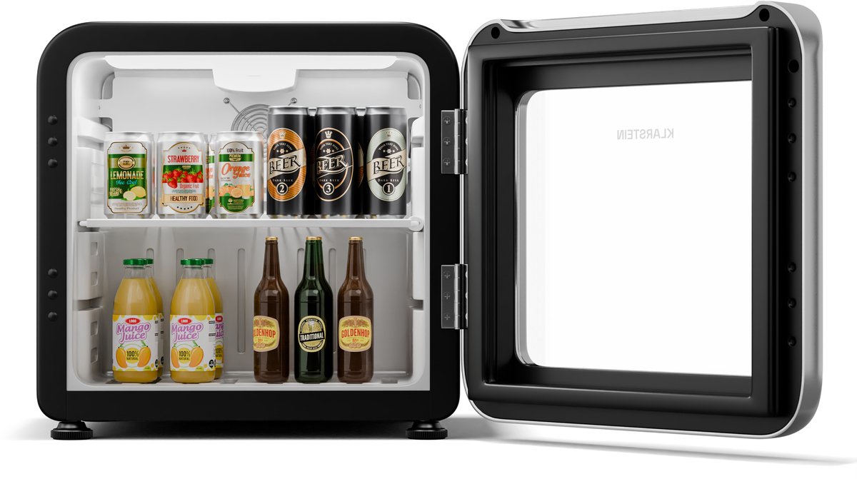 Klarstein Audrey Evo drankkoelkast met glazen deur - 45L minikoelkast, retro design, dubbelwandige deur, ledverlichting, 0-10 °C, energieklasse C, zilver