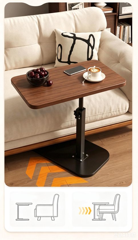Houten bijzettafel met zwart frame bij een bank. Heeft een schaal met kersen, een kopje koffie en een telefoon.