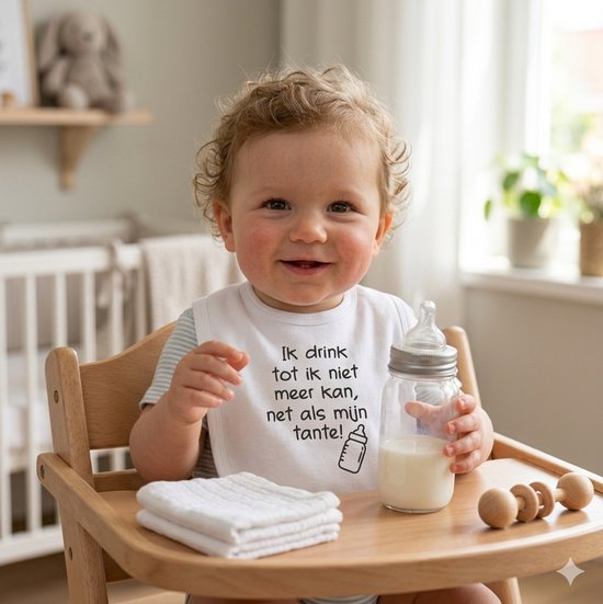 Witte slabbetje met tekst "Ik drink tot ik niet meer kan, net als mijn tante!" Baby in kinderstoel met fles melk.