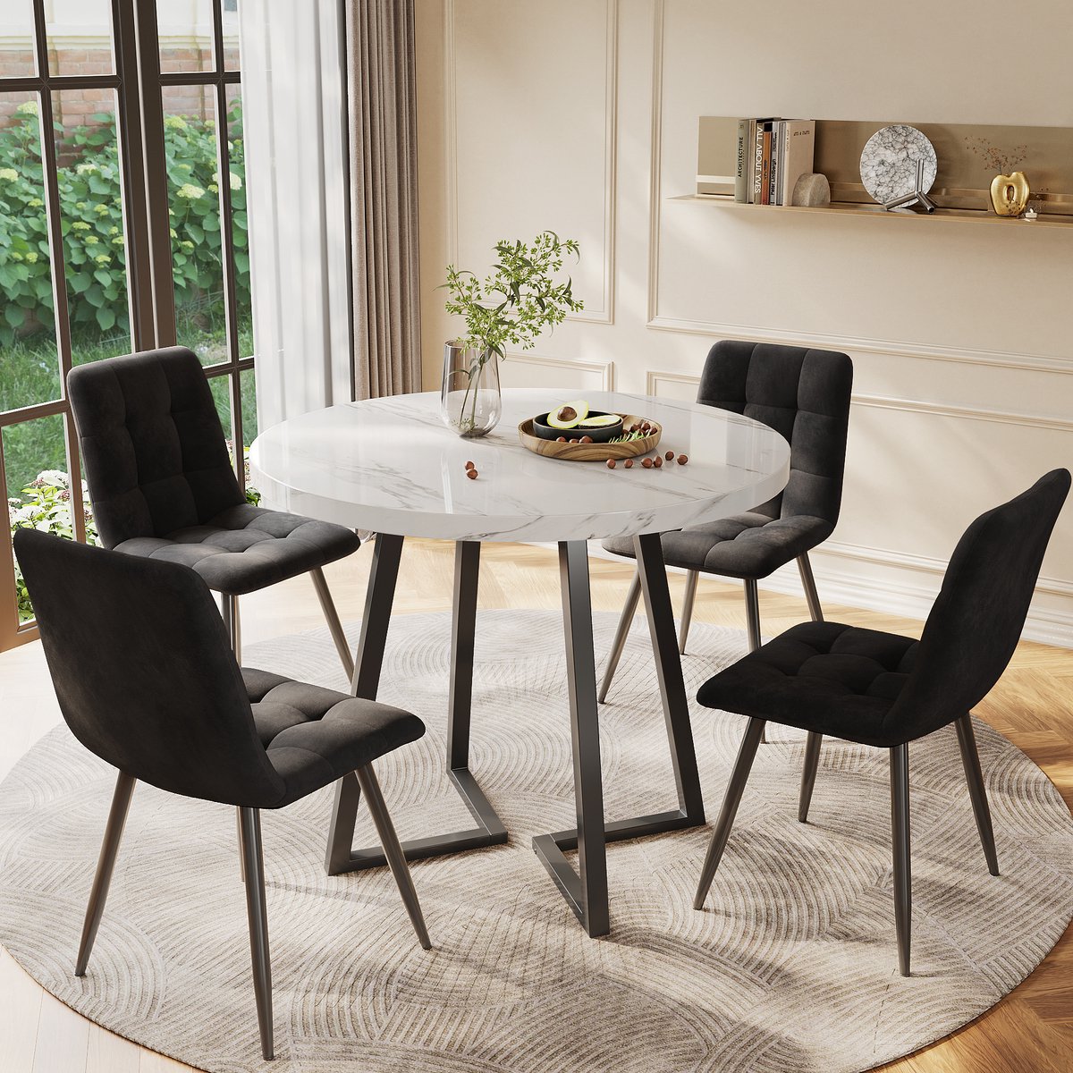 Eettafelset (5-Delig), Moderne Eettafelset Met 4 Stoelen, Keukentafelset, Ronde Keukentafel Met Een Diameter Van 80 Cm En Zwarte Metalen Poten, Wit Mdf-Blad, Zwarte Fluwelen Stoelen
