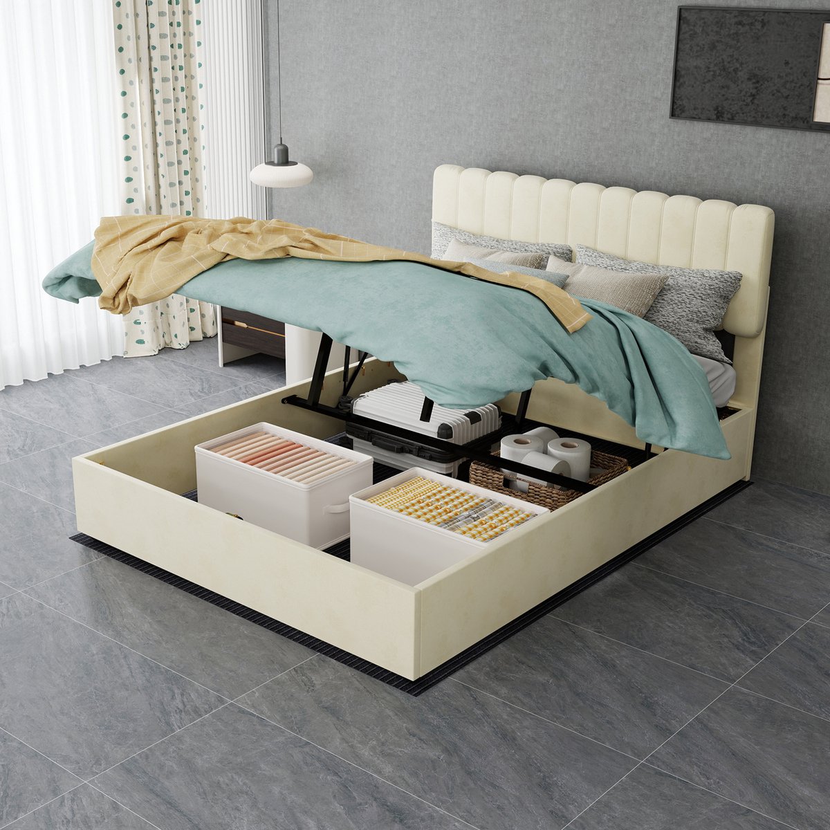 MODFU Gestoffeerd Bed - Zacht Hoofdbord - Modern - Slaapkamer - Stof En Metaal - Beige - 140 X 200 Cm
