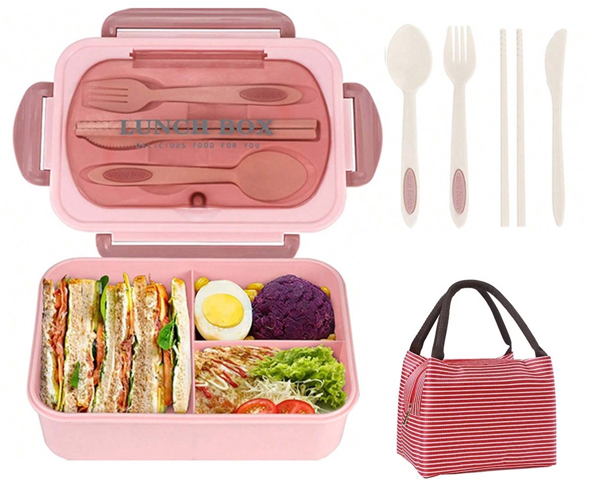 Bento Box voor Volwassenen - 1200ml Lekvrij met Bestek - BPA-vrij Magnetronbestendig - 3 Vakken - Roze - 1 Stuk