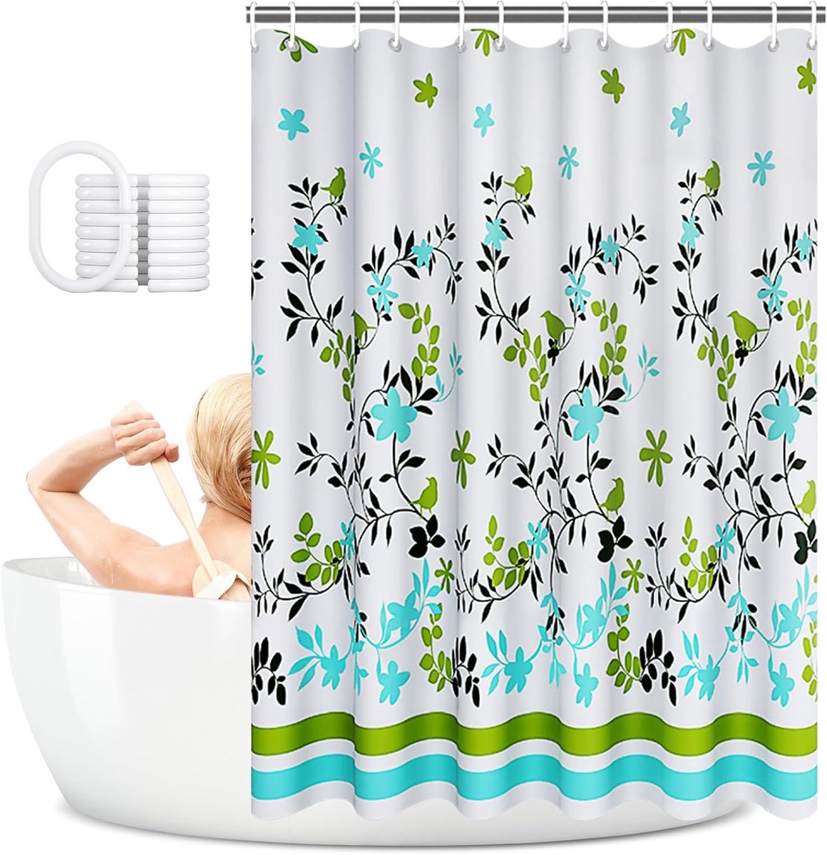 VHV - Douchegordijn - Badkamergordijn met 12 Haken - 180 x 180 cm - Waterafstotend Douchegordijn - Groene planten - Stijl 3
