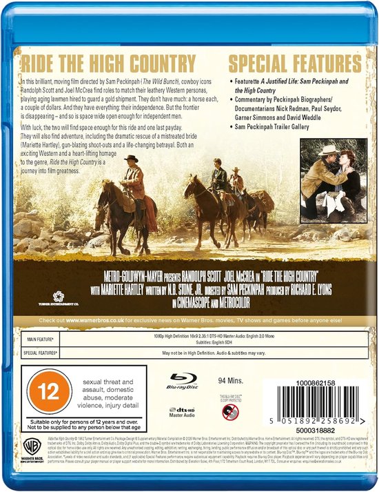 Achterkant van de Blu-ray van Ride the High Country met informatie over de film en speciale functies.