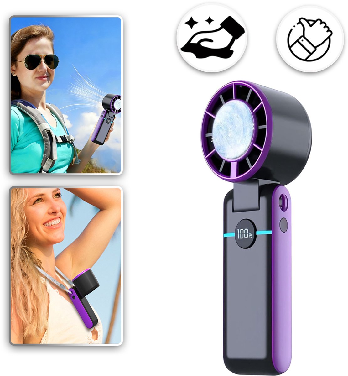 Draagbare Draagbare Ventilator Ijskoelventilator-Hoge Snelheid Oplaadbaar 4000mAh Led-Display 5 Snelheden 90° Opvouwbaar-3-In-1 Draagbare Hand/Bureau/Nekventilator Voor Reiscadeau (Paars En Zwart)