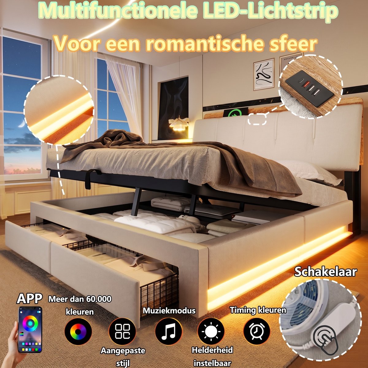 VVBV Bed met opbergruimte 140x200 / Gestoffeerd bed 140x200 / Tweepersoonsbed 140x200 – met Hydraulische Opbergruimte, Lades, LED-Verlichting, USB, USB-C beige