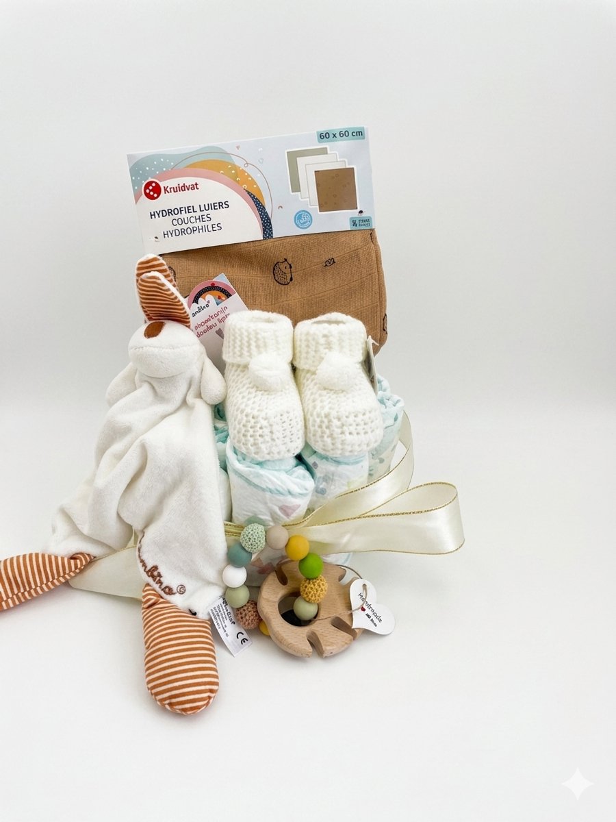 Luiertaart | Handgemaakte bijtring | Babyslofjes | Katoenen hydrofiele luiers 4-delig | Knisperkonijn | Pampers luiers | Kraamcadeau | Babyshower