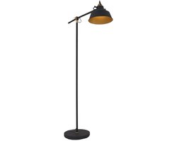 Zwarte Vloerlamp Nove 1322ZW - Draaibare & Kantelbare Industriële Lamp met Goudkleurige Details, E27 Fitting, Metaal & Kunststof - Mexlite