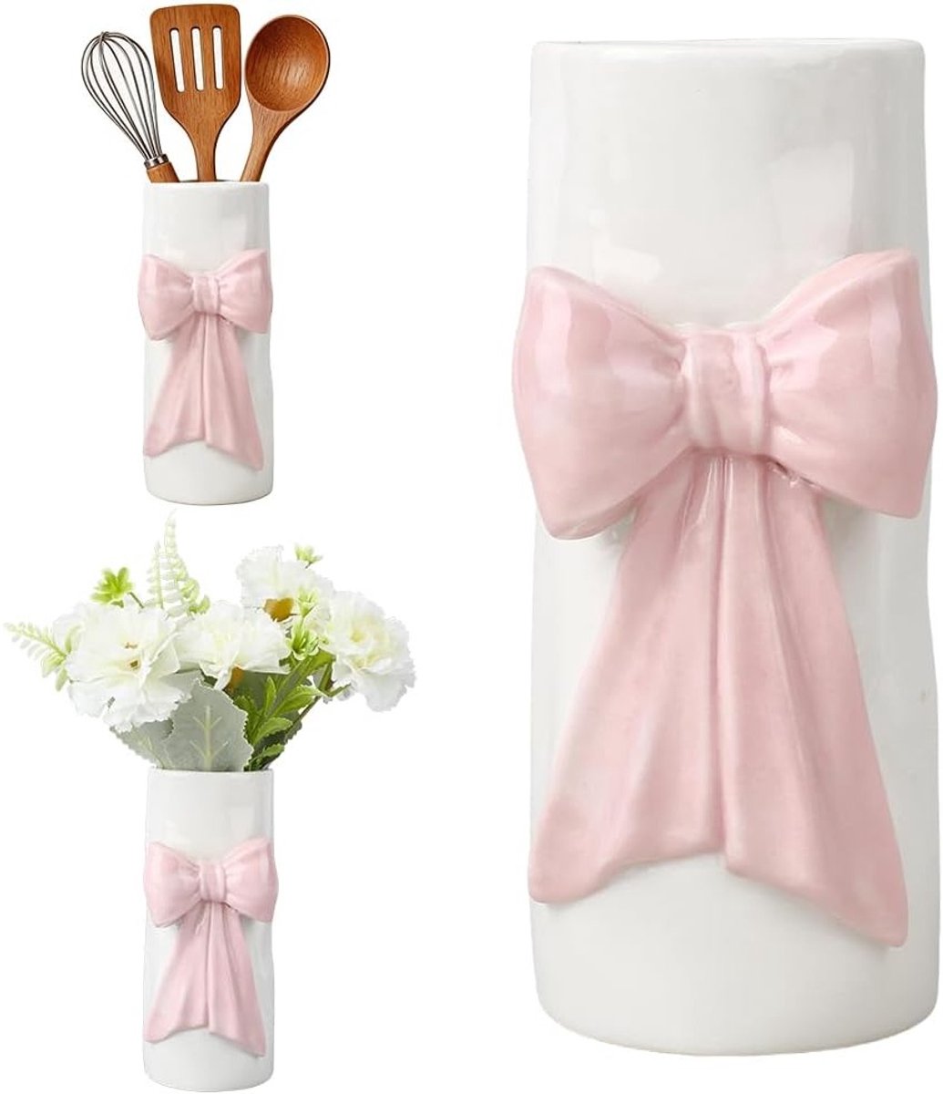 Handgemaakte Roze Boog Keramische Keukenhouder, 3D Coquette Kookgerei Pot voor Aanrecht, Uniek en Modern Decoratief Porselein voor Vrouwen Thuisgebruik