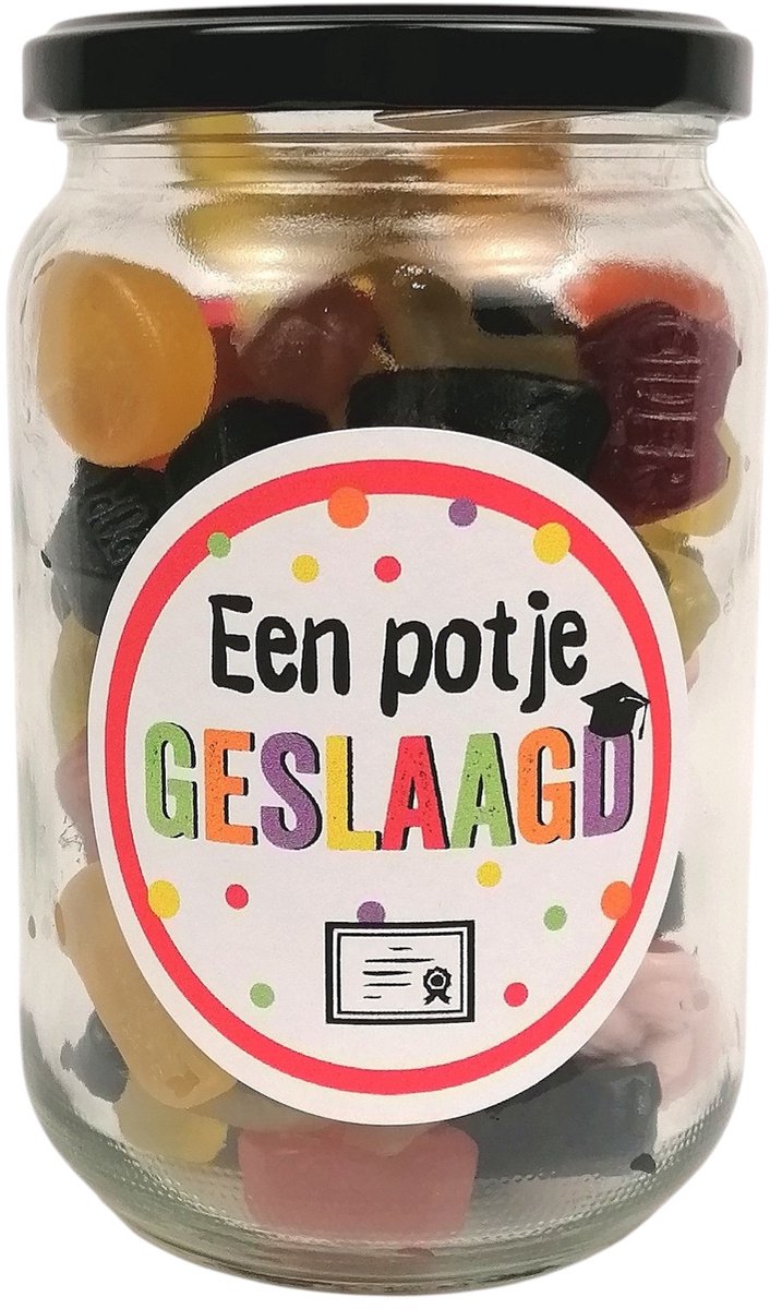 Geslaagd Cadeau Snoeppot “Een Potje Geslaagd” - Inclusief 400 gram winegum snoepmix - Feestelijk Diploma & Examen Cadeautje