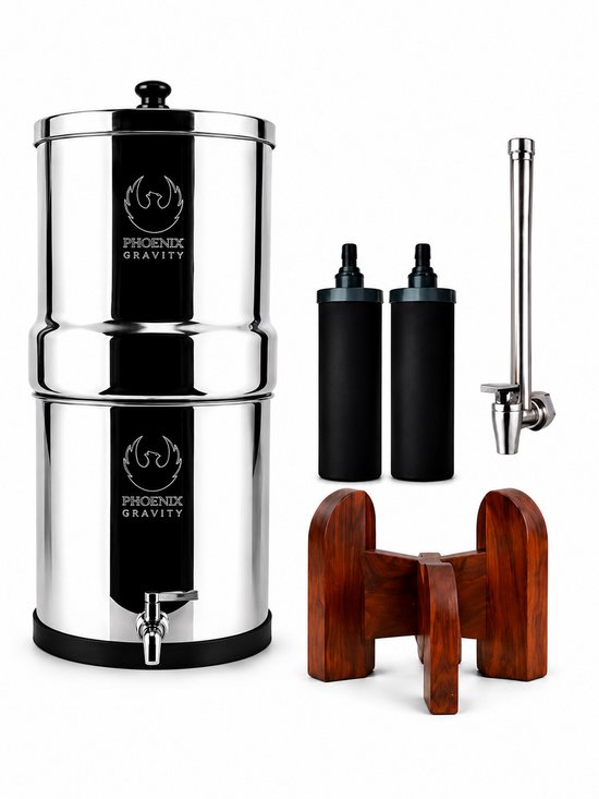 Phoenix Gravity 8 Liter + Teakhouten Standaard — RVS zwaartekrachtfilter met teakhouten onderstel