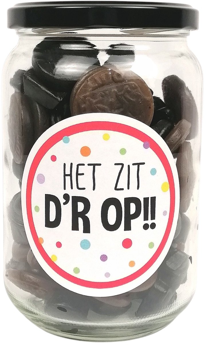 Snoeppot “Het zit d’rop” - Gevuld met 450 gram Gemengde Drop - Cadeau Afstuderen, Pensioen & Afscheid