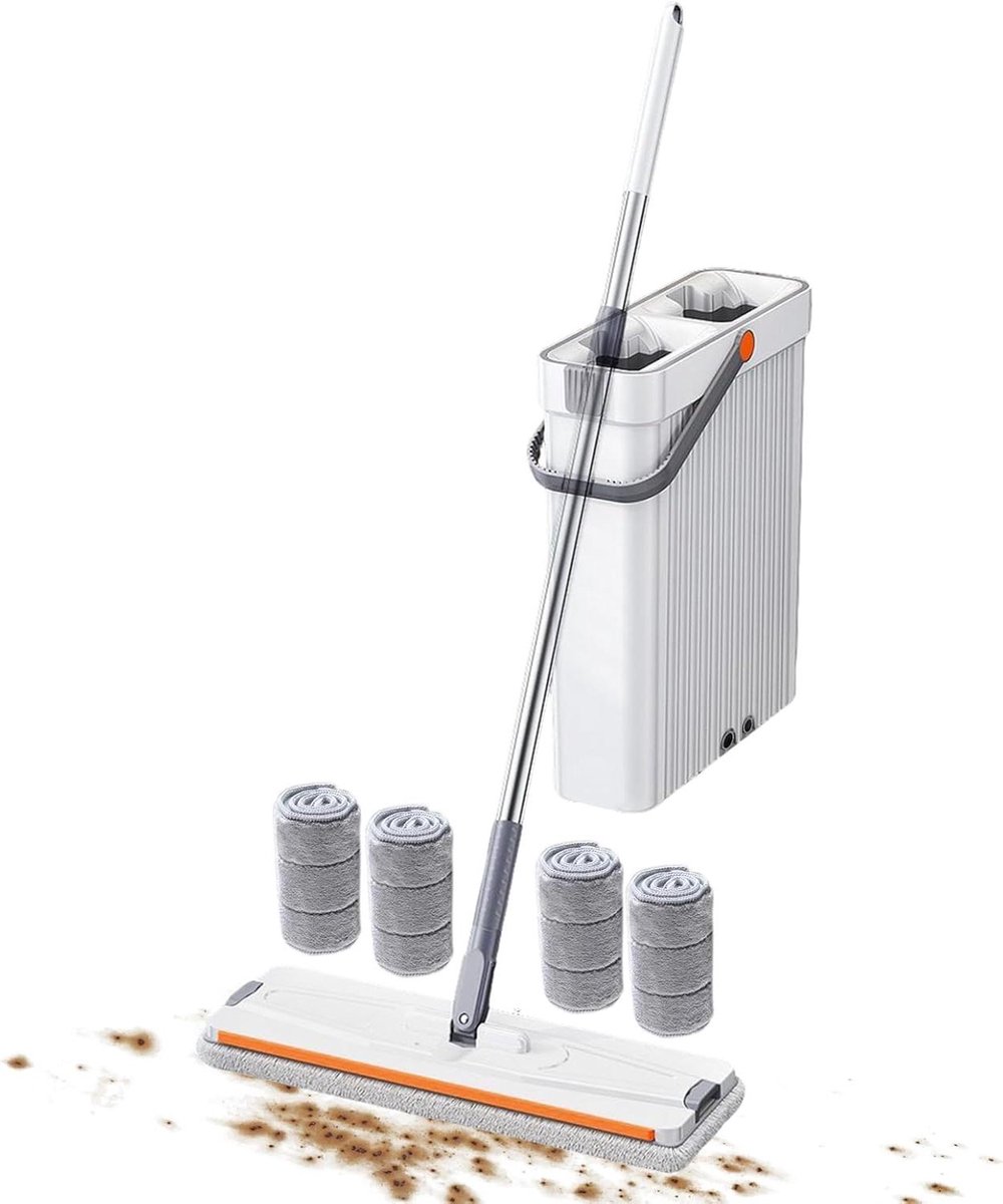 Vloerreiniger Emmer Set - Dweil en Emmer - Efficiënt Vloeren Schoonmaken - Handsfree Uitwring Systeem - 33 cm Dweil - Wit