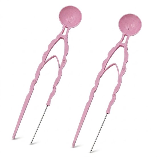 Deux pinces à perles roses avec des cuillères et des pointes, sur fond blanc.