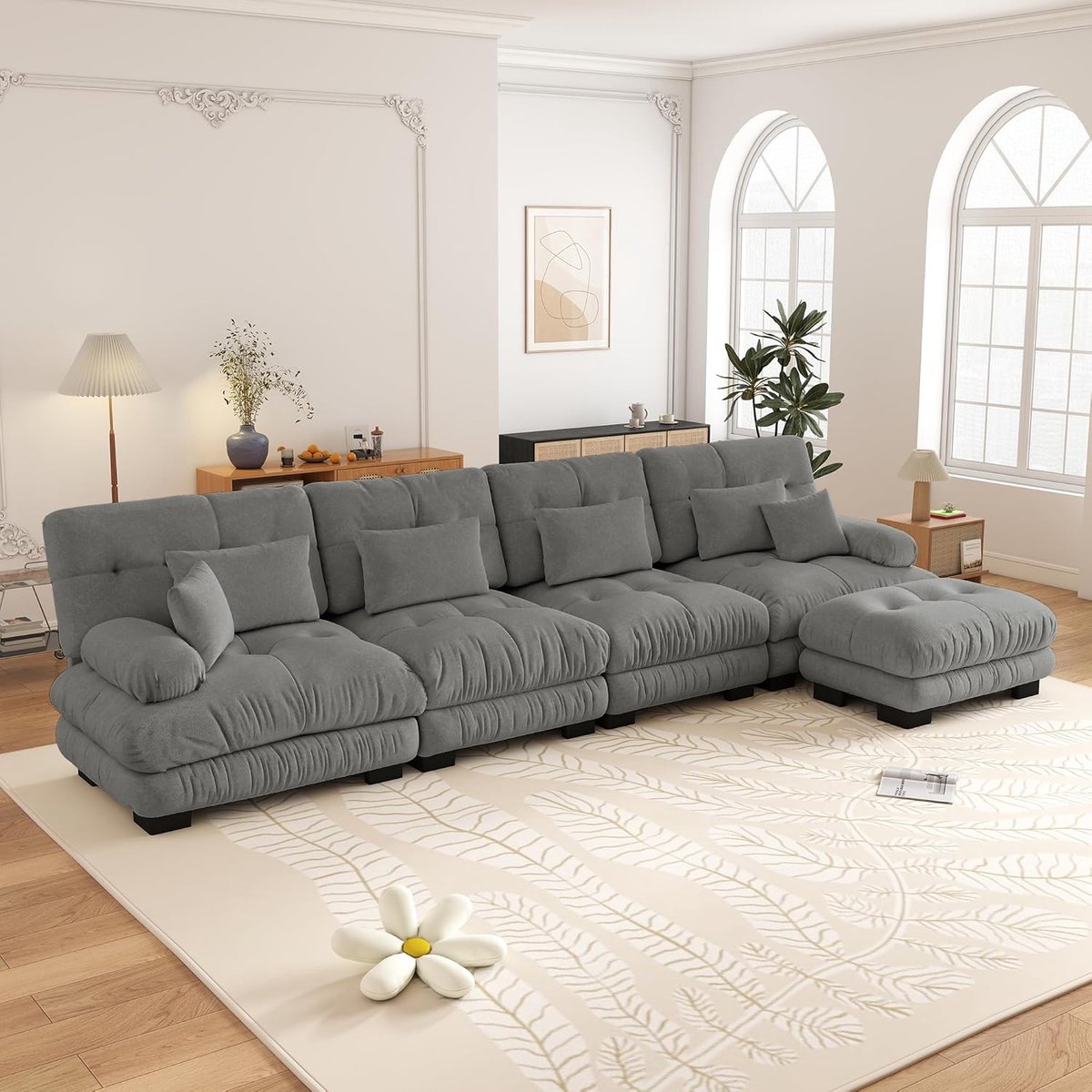 Zubaliya 4-Zits Bank, L-Bank, Modulaire Hoekbank, L-vormige Bankstel voor de Woonkamer, Comfortabele 4-zitsbank met Verplaatsbare Poef, Doe-het-zelf Combinatie, Chenille-Grijs