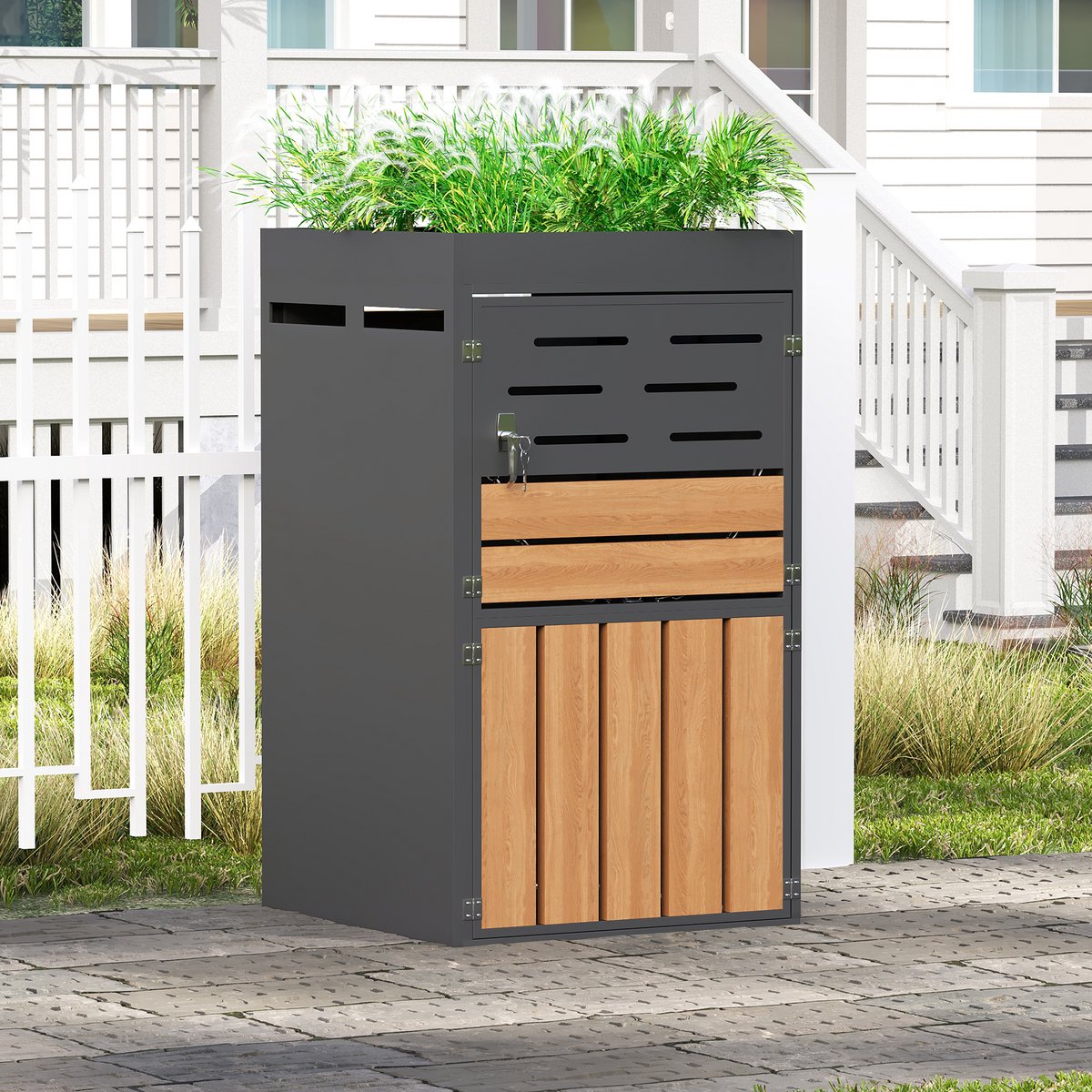 REDOM - Buitenkast Met Plantenbak - Lamellenventilatie - Afsluitbaar - Voor Tuin En Balkon - Staal - Grijs - 66 X 80 X 128 Cm