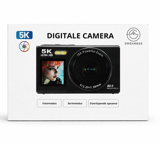 Verpakking van de Organess 5K Digitale Camera met 'Digitale Camera', '5K ULTRA HD' en 'ORGANESS' logo's.