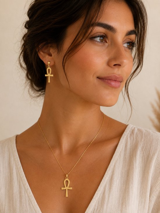 Hetty'S - Goldplated Echt Zilveren Set – Oorhangers + Collier met Hanger – Model “Ankh”