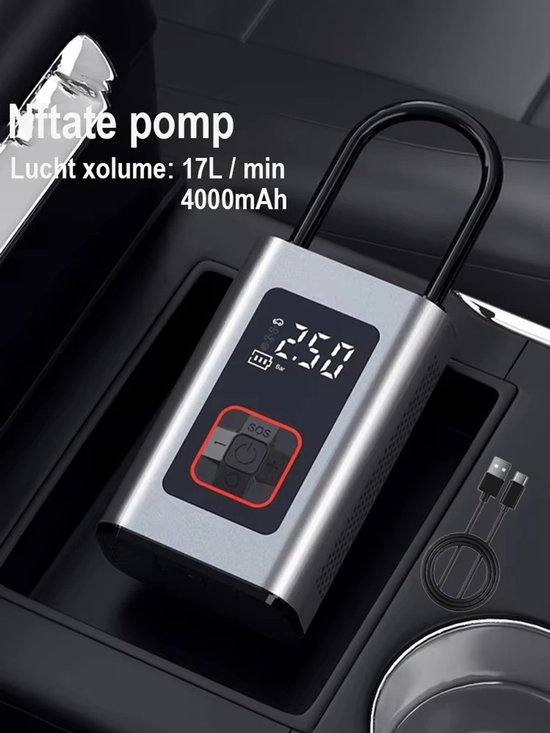 EAFC Elektrische Fietspomp - Luchtcompressor - 4500 mAh Powerbank - Compressor - Bandenpomp Auto - Elektrische Bandenpomp - Luchtpomp - Universeel - Oplaadbaar & 12V - 35l/min - SOS Lamp - Noodpakket - Incl. Hoes — afbeelding 3