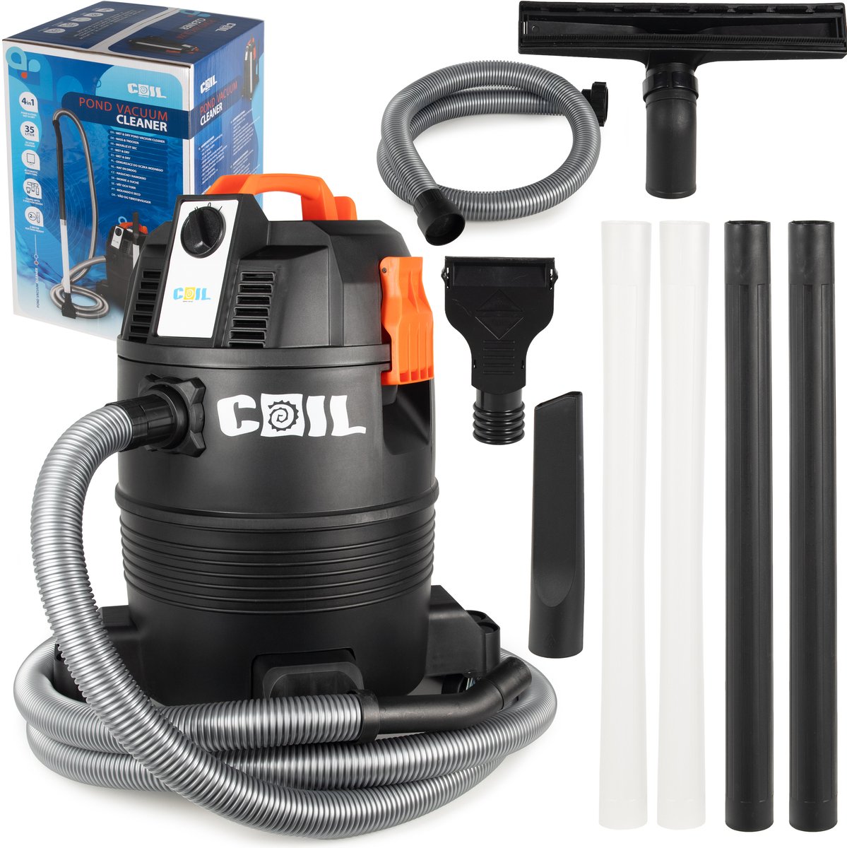 COIL Nat- en Droogzuiger voor Vijver - Zwembadreiniger 35L - Werkplaatsstofzuiger met accessoires - 1600W - Zwart