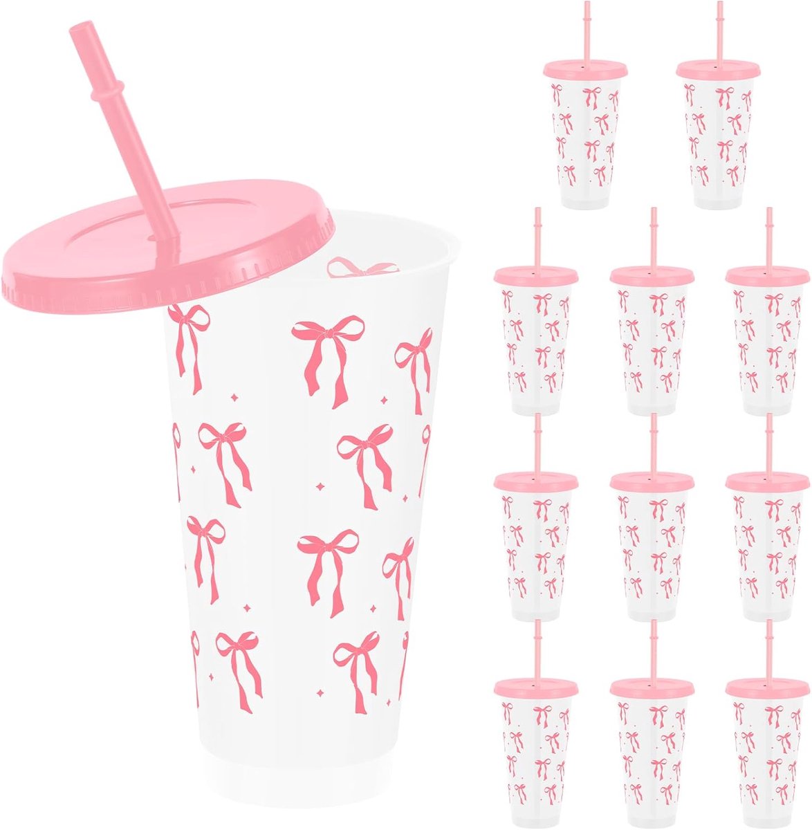 JeiibrZui Boog Plastic Bekers - Deksel En Rietje - 710 Ml - 12 Stuks - Veelkleurig - Duurzame Drinkbekers Voor Feest Verjaardag Bruiloft Reizen