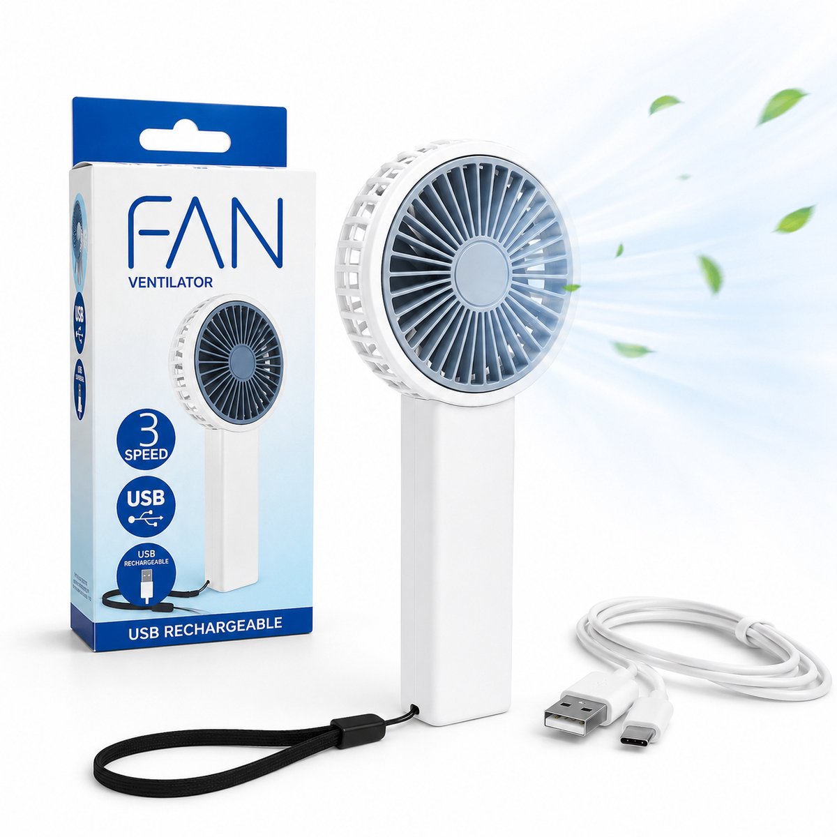 EasyMart Handventilator USB Oplaadbaar – Mini Ventilator met 3 Snelheden – Draagbare Reisventilator – Inclusief USB-C Kabel – Compacte Ventilator met Ingebouwde Accu – Voor Thuis, Kantoor, Camping & Vakantie