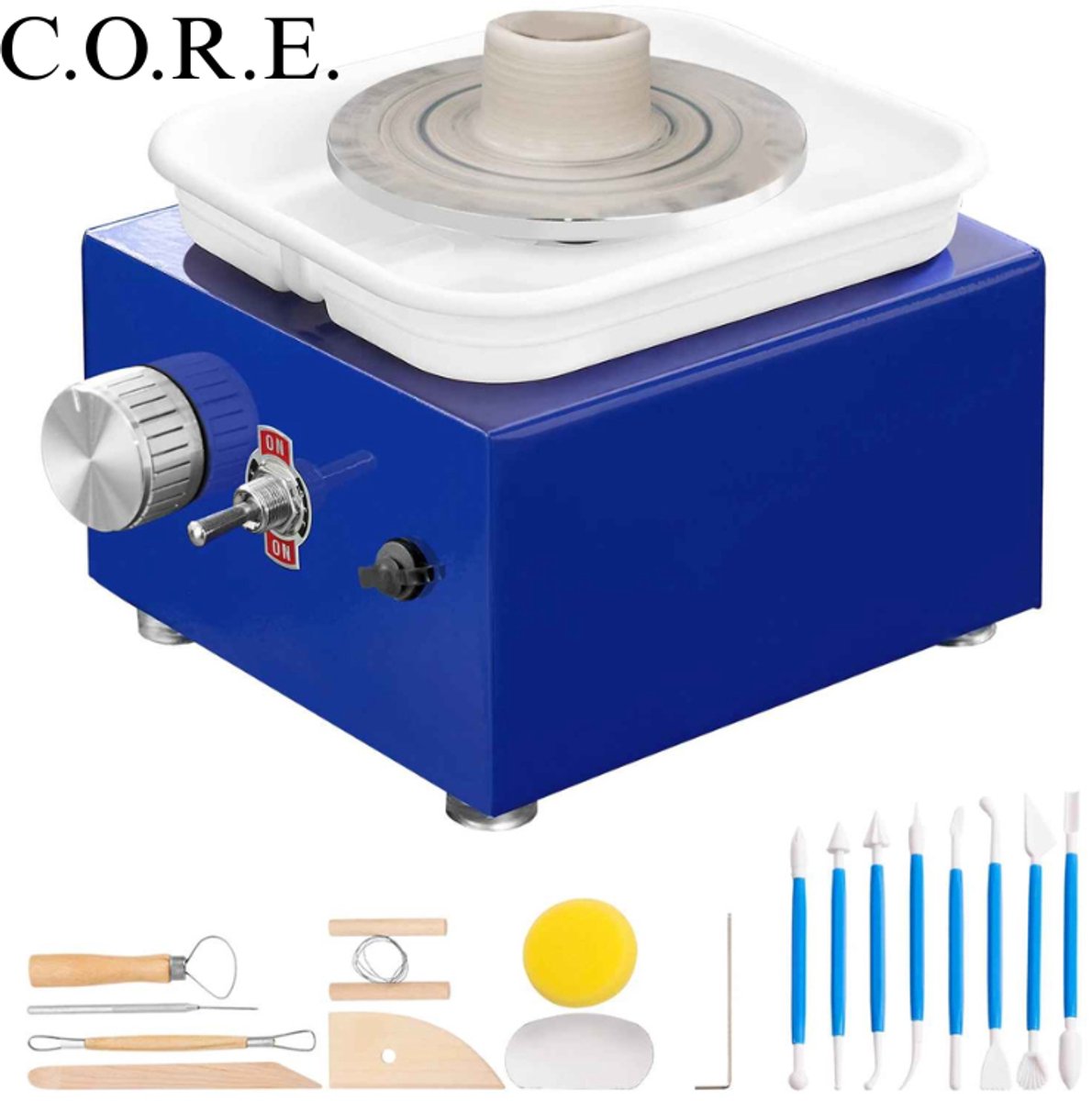 CORE Aardewerk draaitafel - Mini Aardewerk Wiel - Elektrische Keramische Wielmachine - Verwijderbaar knoeibakje - Voor kinderen - 0-300RPM - 13x17.5x13.3cm - Blauw