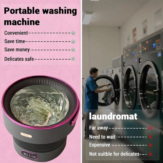 Allero Mini Wasmachine - Wasmachine - Klein Wasmachine - Campingwasmachine - 32x32x33,5cm - Zwart/Roze - 13L - Opvouwbaar van Allero — afbeelding 5