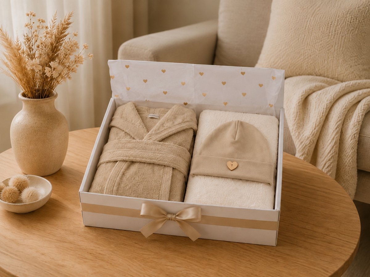 Kraamcadeau Baby – Luxe Baby Giftbox Neutraal – Badjas, Muts & Slab – Geboortecadeau jongen meisje