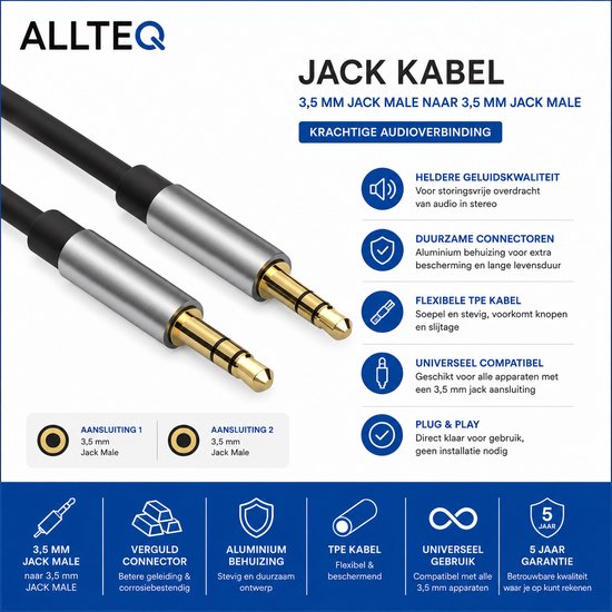 Twee gouden 3,5 mm jack male connectoren aan een zwarte kabel. Gedetailleerde kenmerken van de kabel.