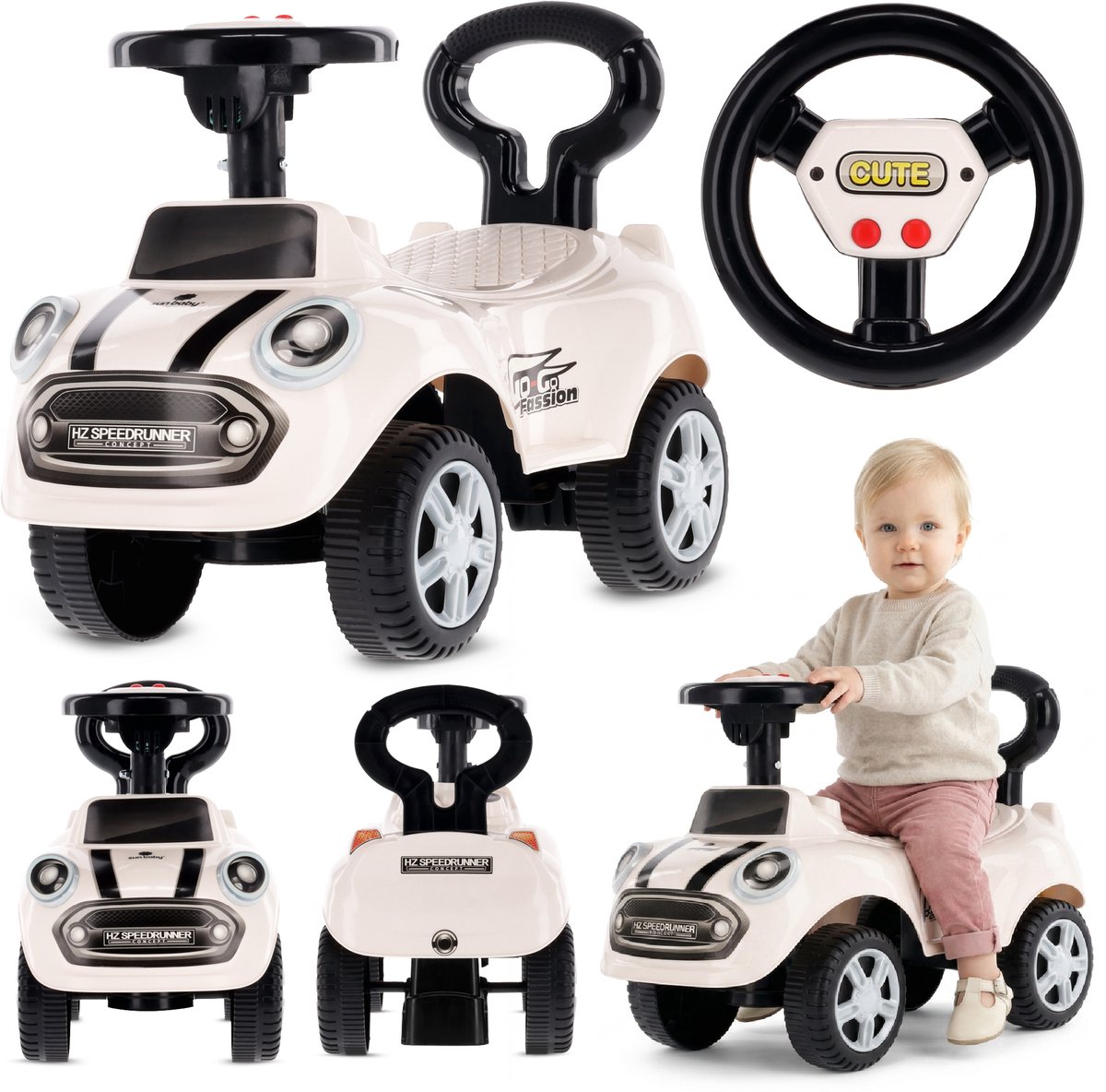 sun baby Loopauto vanaf 1 jaar, auto voor babys, indoor kinderauto met geluiden, grote kunststof wielen, Kantelbeveiliging, beperkt draaivermogen (Wit)