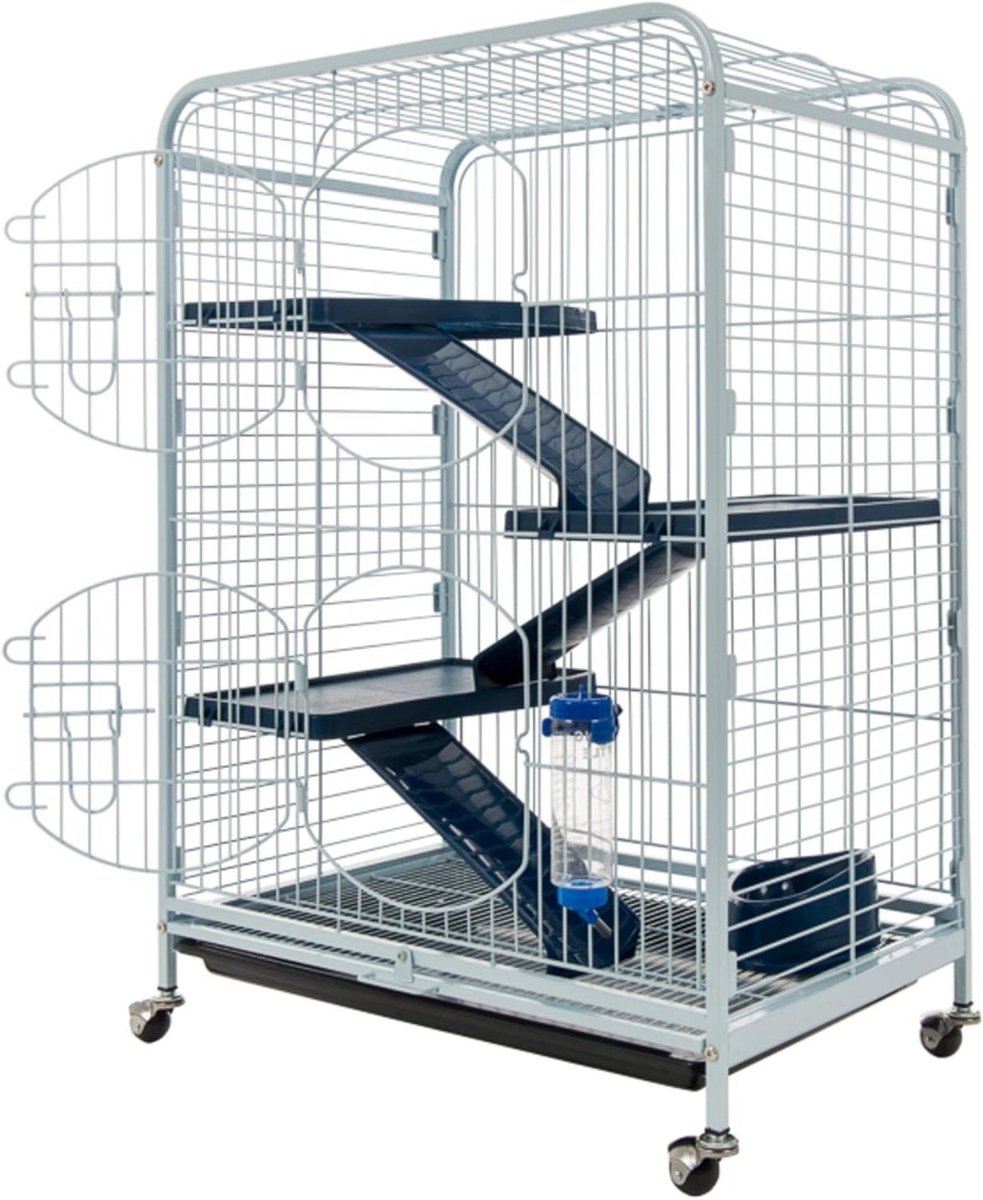 Kooi Toren - Dierenverblijf - Kleine Dieren - Met Wielen - 93 cm Hoog - Blauw Wit