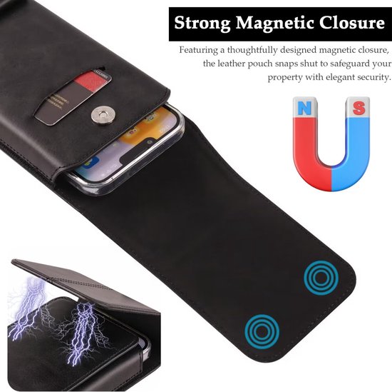 Leder telefoonholster met sterke riemclip en magnetische sluiting geschikt voor iPhone 17/16/15/14/13/12 pro Max, Galaxy S25/S24/S23/S22 Plus & FE, telefoonriemhouder voor mannen, draagtasje, zwart — afbeelding 4
