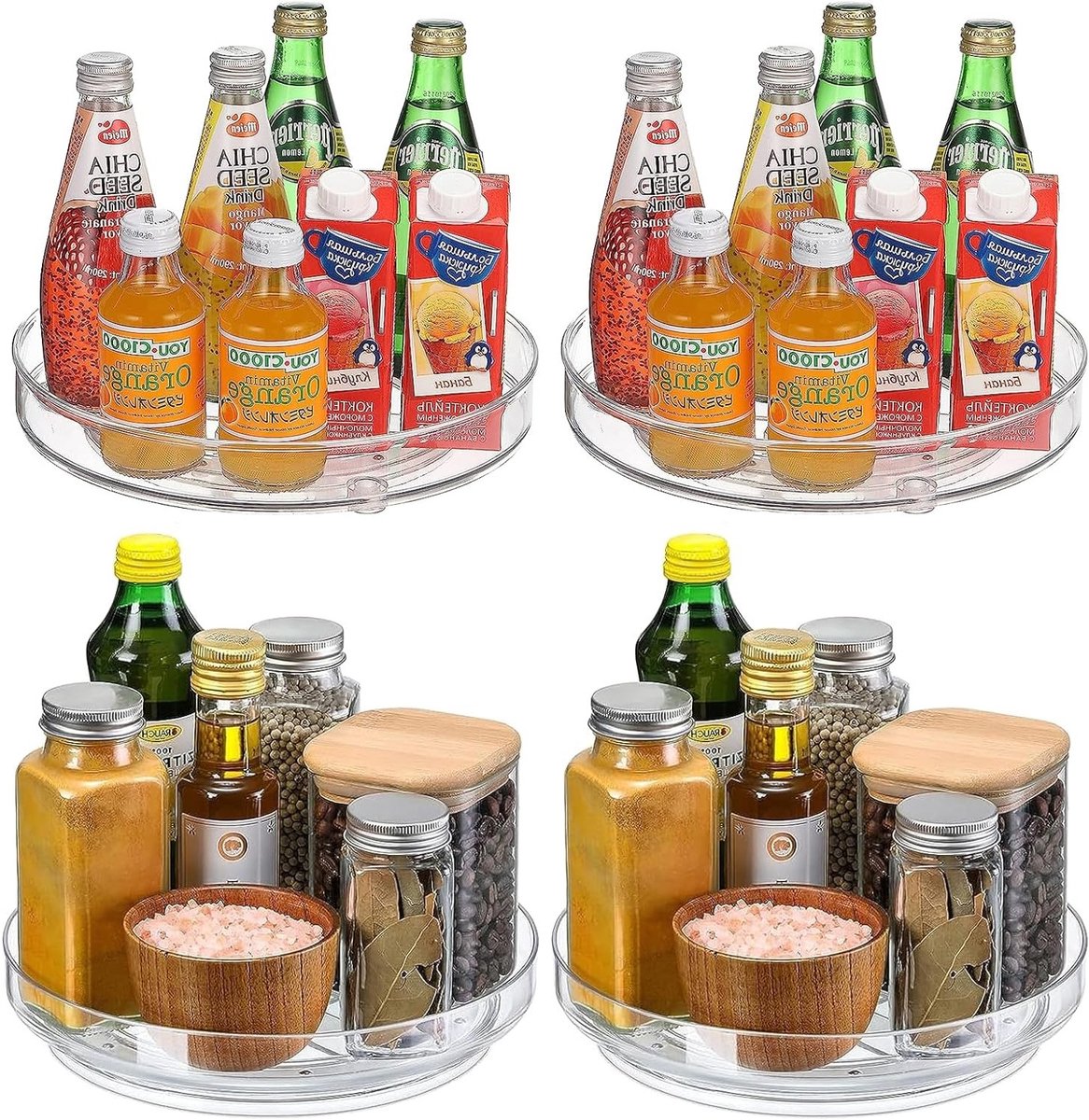 Lazy Susan Draaischijf Set van 4, 360° Rotatie Organiser voor Koelkast, Keukenopslag en Kruidensystemen (2 x 27 + 2 x 23.5 cm)