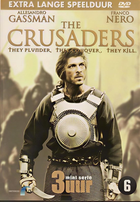 DVD-hoes van 'The Crusaders' met Alessandro Gassman in middeleeuws harnas. De tekst luidt 'EXTRA LANGE SPEELDUUR DVD'.
