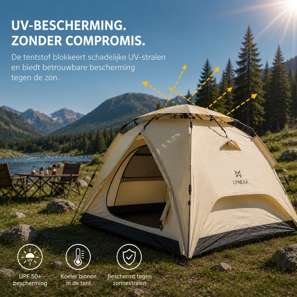 LYNEXA® Tent - Pop up Tent voor 2 tot 3 persoons - Waterdichte Kampeertent - Automatische Camping Tent -Snel Opzetbaar - UV Bescherming - Kamperen & Outdoor - Festival Tent - Lichtgewicht - Inclusief Draagtas & Campinglamp - 245x215x145cm - Zandkleur – foto 2