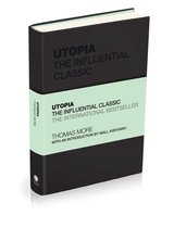 Boek met de titel 'Utopia, the influential classic, the international bestseller' van Thomas More, met een lichtgroene band en zwarte kaft.