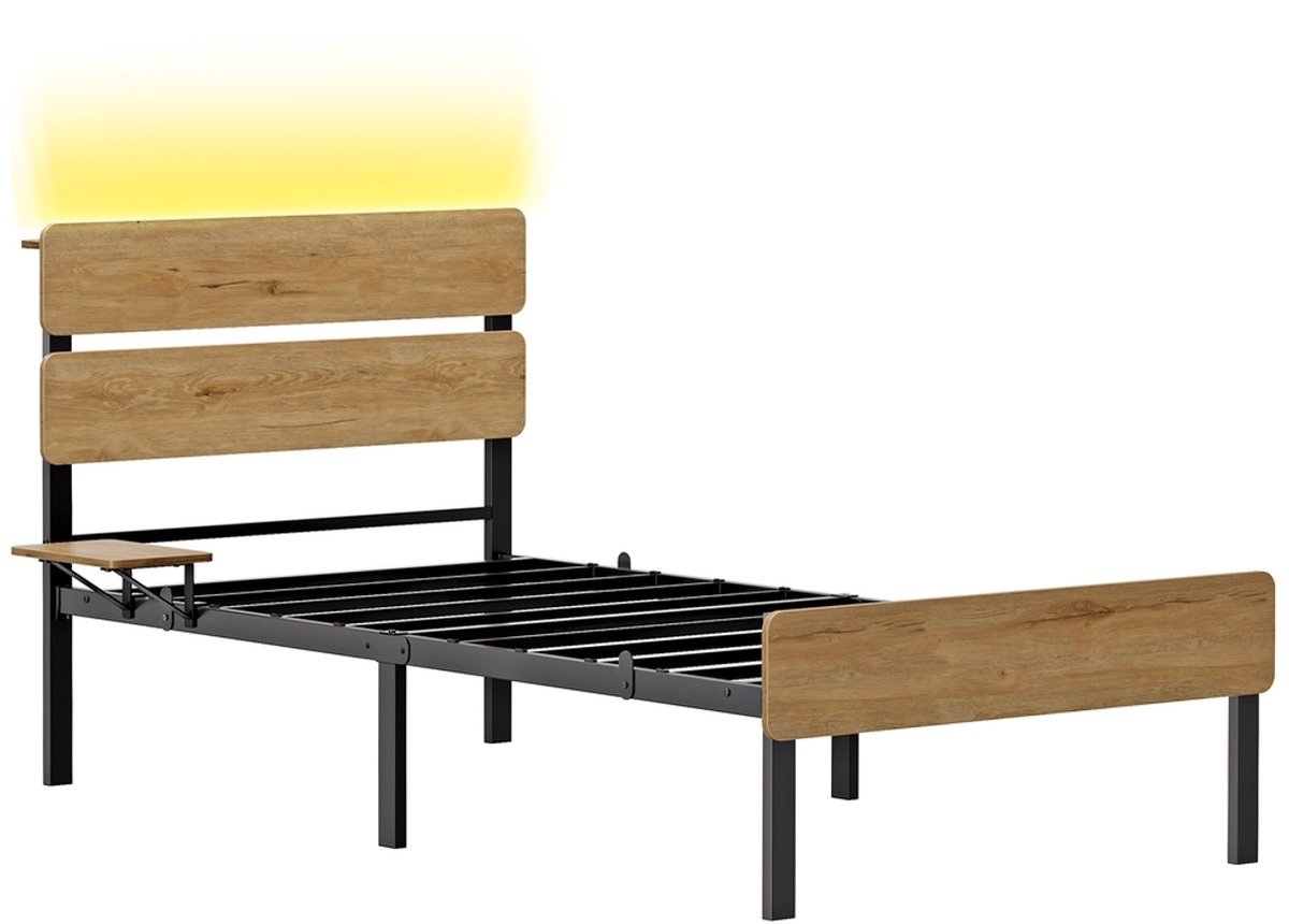 Eenpersoonsbedframe - 90 x 200 - Staal - Met LED-verlichting - Opbergruimte onder het bed