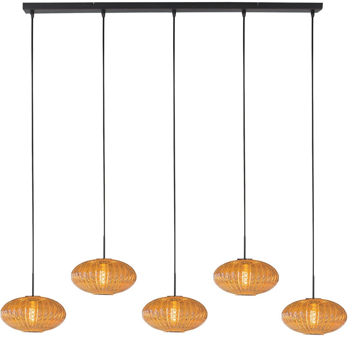 Hanglamp Aurelio 4286ZW – 5-lichts trendy ontwerp in zwart met amberkleurig glas, hoogte instelbaar, van merk Mexlite