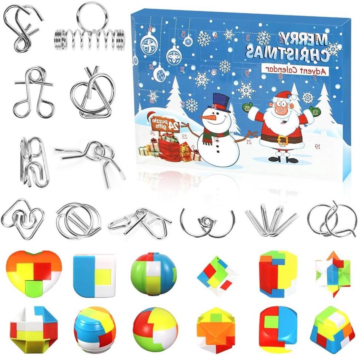 Adventskalender Puzzels - Kerst Puzzel - Feestelijke Ontspanning - 24 Verschillende Puzzels - 33 cm Breed - Blauw