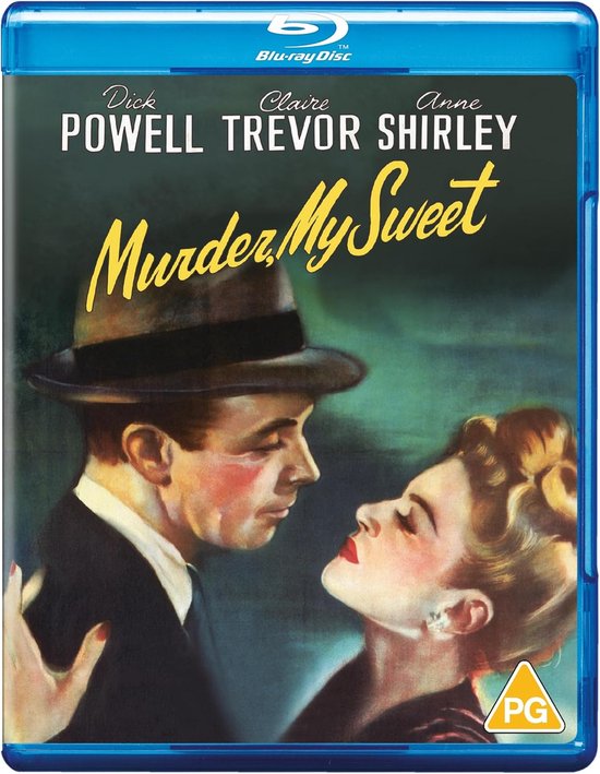 Poster van de film Murder, My Sweet met Dick Powell en Claire Trevor. Een man met hoed en vrouw kijken elkaar aan.