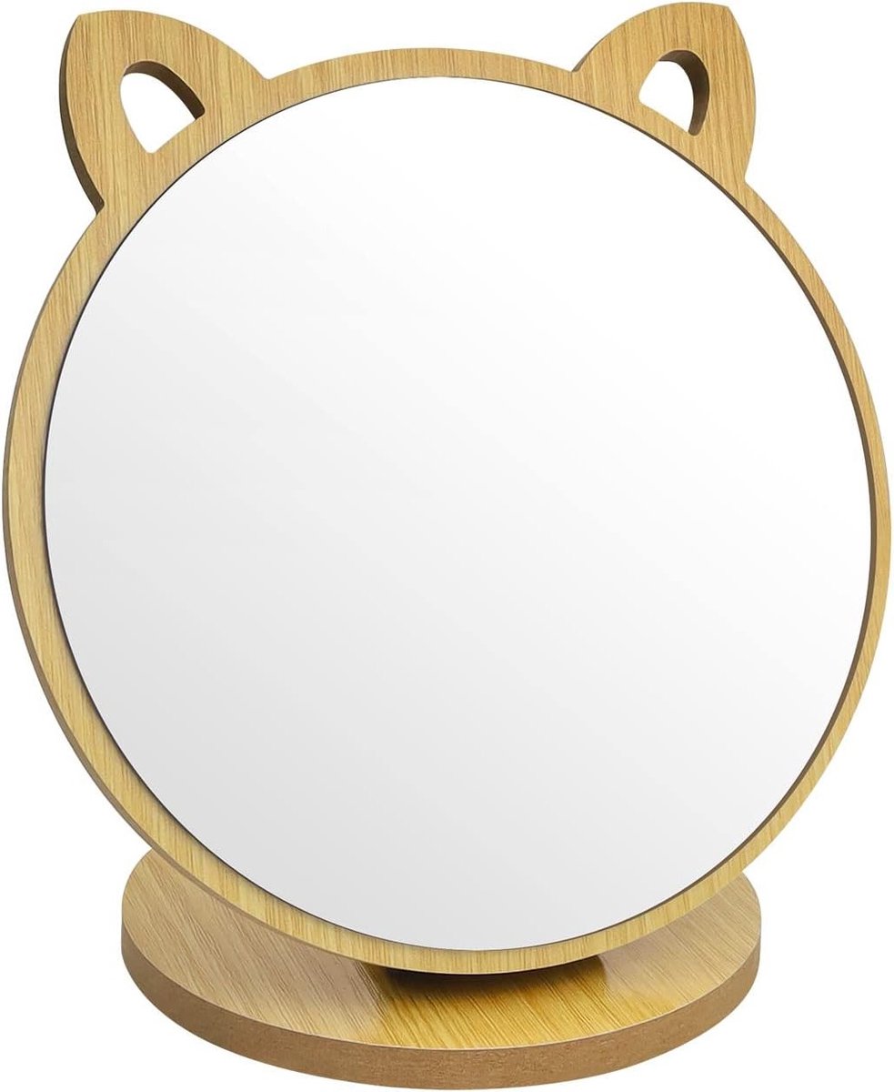 Klein Makeup Spiegel met Kattenoor Vorm, Verstelbare Hoek, Vouwbaar Ontwerp, Houten Basis, Schattige Stijl voor Slaapkamer en Woonkamer, Perfect voor Cosmetica en Verzorging