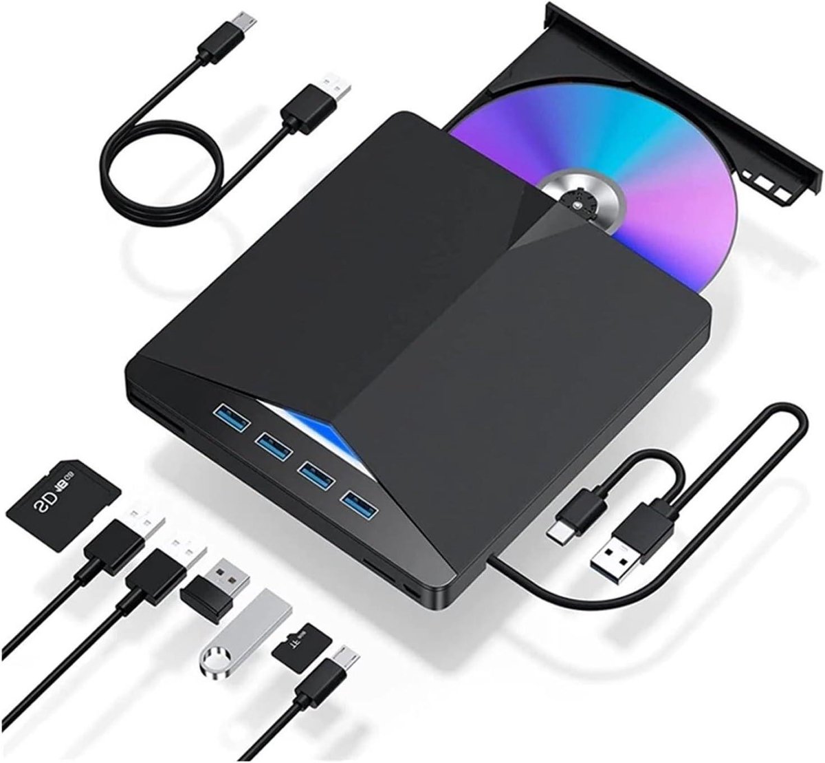Externe dvd-speler - Optische drive - Bestanden lezen - 7-in-1 poorten - Compact formaat - Zwart