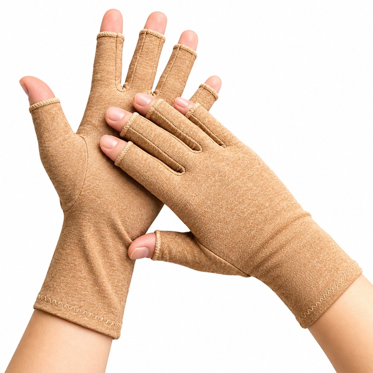 Reuma Compressie Handschoenen – Ondersteuning bij Artritis, Artrose, RSI & Carpaal Tunnel – Open Vingertoppen – Bruin – Unisex - Maat L