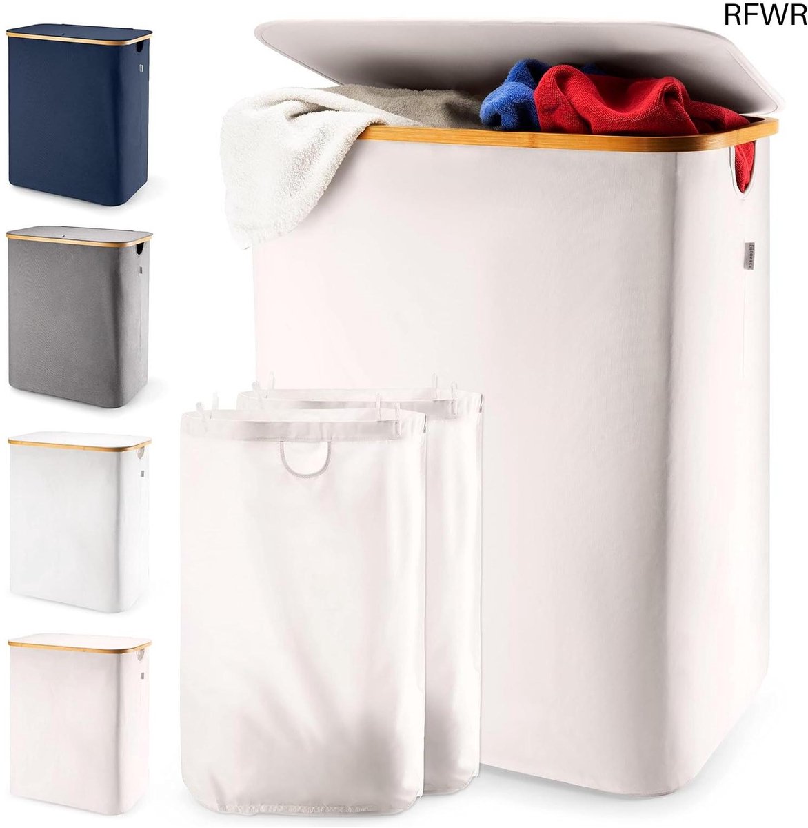 Wasmand met deksel - Opbergmand - Kleding sorteren - Stevig bamboeframe - 150 liter - Beige