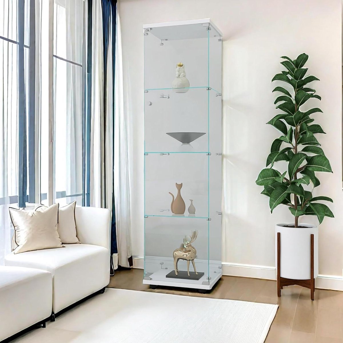 Vitrinekast met 4 lagen - Glazen kast - Collecties presenteren - Spiegel achterwand - 164 cm hoog - Wit
