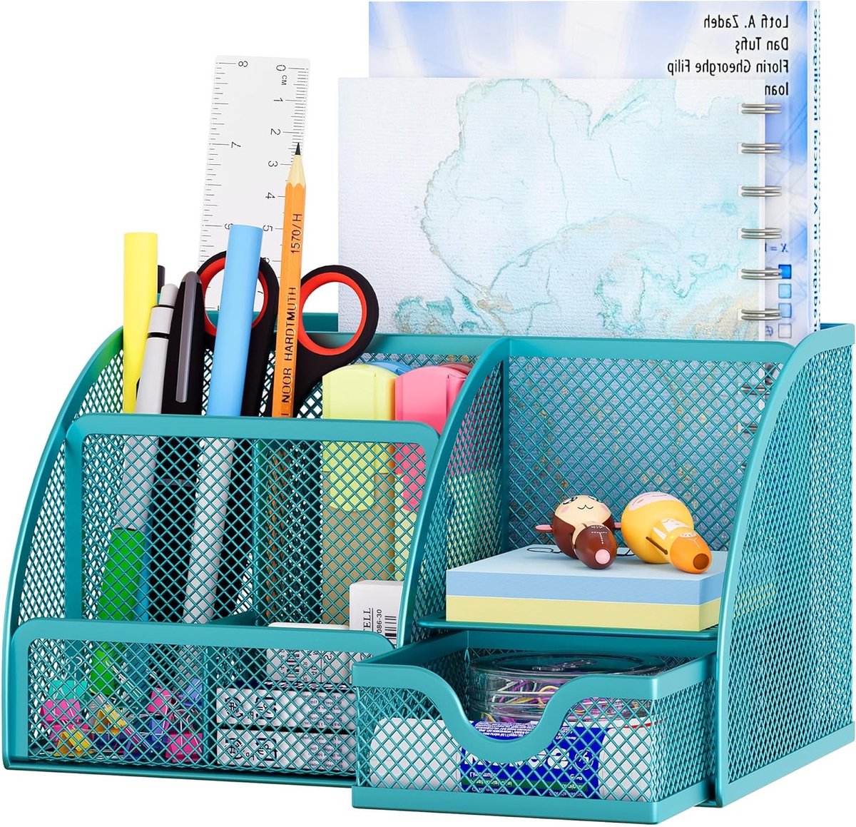 Organizer voor op bureau met 5 vakken en 1 lade, antislip rubberen pads, blauw en functioneel