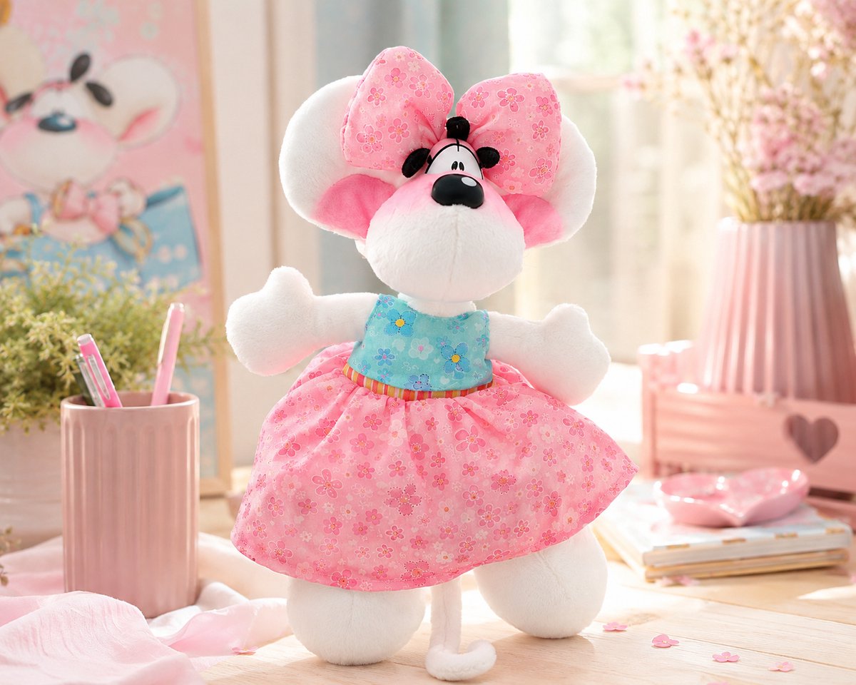 Diddl - zachte pluchen knuffel - 20cm - geborduurde accenten - Diddlina in roze