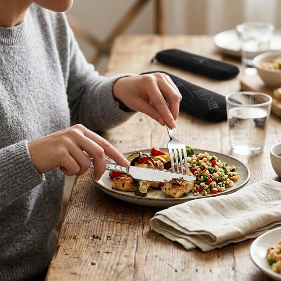 Zilverkleurig camping bestek dames en heren 4 delige RVS bestek set met mes vork lepels en opbergtas draagbaar tafelgerei voor kamperen reizen picknick en outdoor gebruik — afbeelding 5