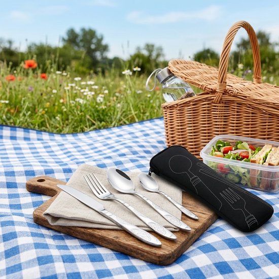 Zilverkleurig camping bestek dames en heren 4 delige RVS bestek set met mes vork lepels en opbergtas draagbaar tafelgerei voor kamperen reizen picknick en outdoor gebruik — afbeelding 3